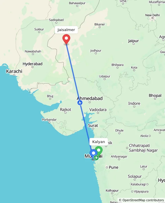 Route map showing distance and travel time from Kalyan, India to Jaisalmer, India