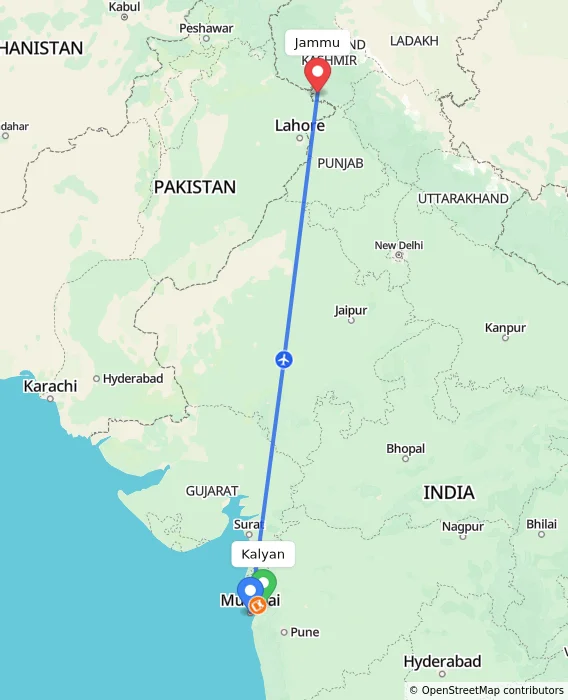 Route map showing distance and travel time from Kalyan, India to Jammu, India