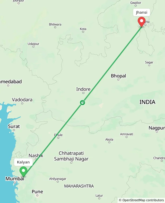 Route map showing distance and travel time from Kalyan, India to Jhansi, India