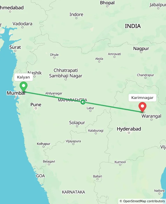 Route map showing distance and travel time from Kalyan, India to Karimnagar, India