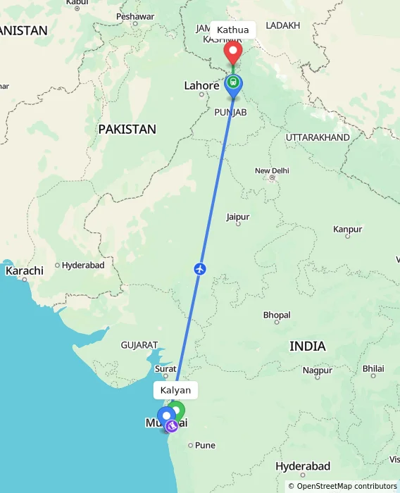 Route map showing distance and travel time from Kalyan, India to Kathua, India