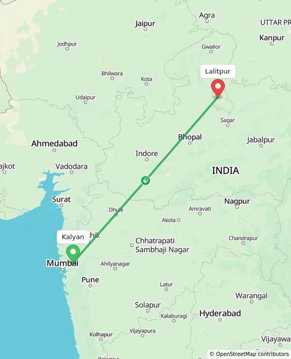 Route map showing distance and travel time from Kalyan, India to Lalitpur, India