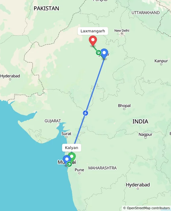 Route map showing distance and travel time from Kalyan, India to Laxmangarh, India