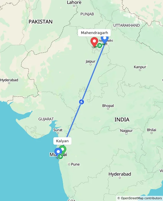 Route map showing distance and travel time from Kalyan, India to Mahendragarh, India