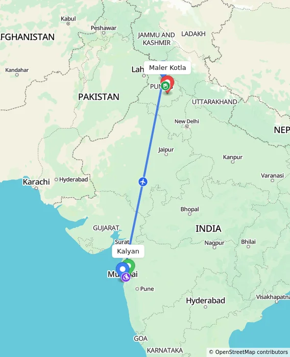 Route map showing distance and travel time from Kalyan, India to Maler Kotla, India