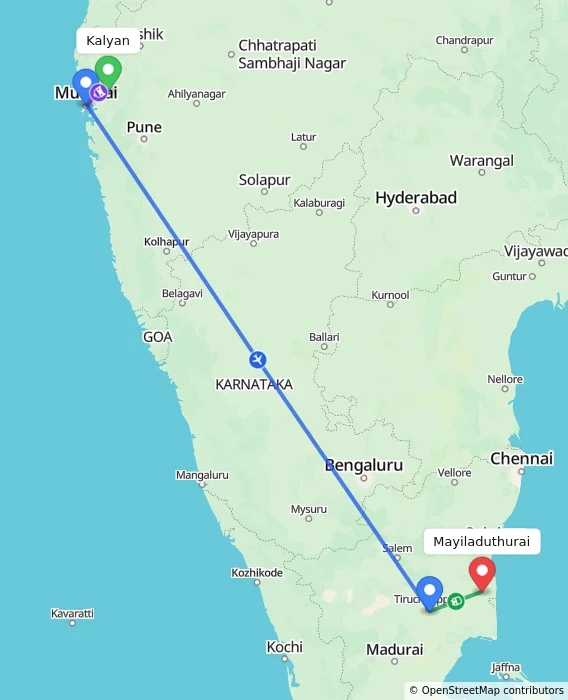 Route map showing distance and travel time from Kalyan, India to Mayiladuthurai, India