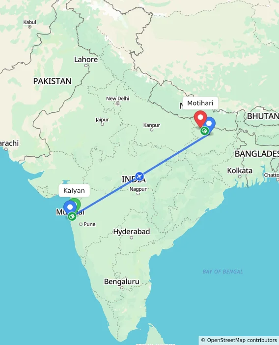 Route map showing distance and travel time from Kalyan, India to Motihari, India