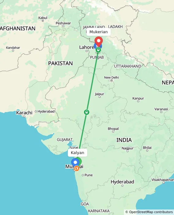 Route map showing distance and travel time from Kalyan, India to Mukerian, India