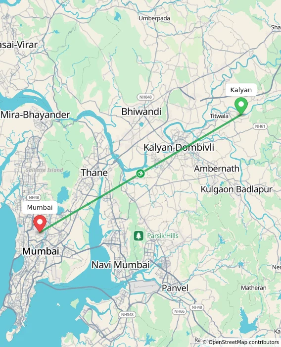 Route map showing distance and travel time from Kalyan, India to Mumbai, India