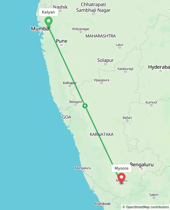 Route map showing distance and travel time from Kalyan, India to Mysore, India