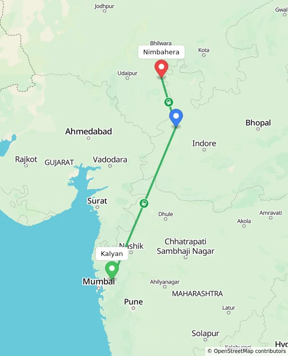 Route map showing distance and travel time from Kalyan, India to Nimbahera, India