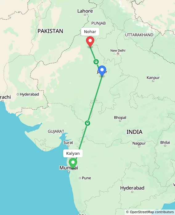 Route map showing distance and travel time from Kalyan, India to Nohar, India