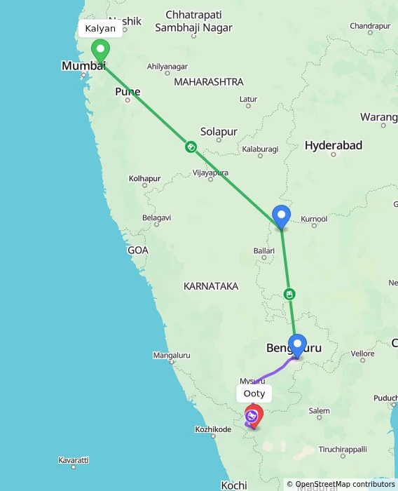 Route map showing distance and travel time from Kalyan, India to Ooty, India