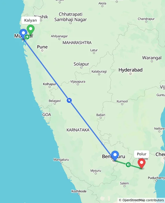 Route map showing distance and travel time from Kalyan, India to Polur, India