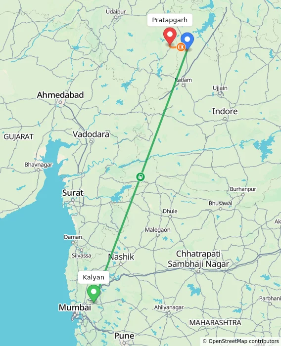 Route map showing distance and travel time from Kalyan, India to Pratapgarh, India