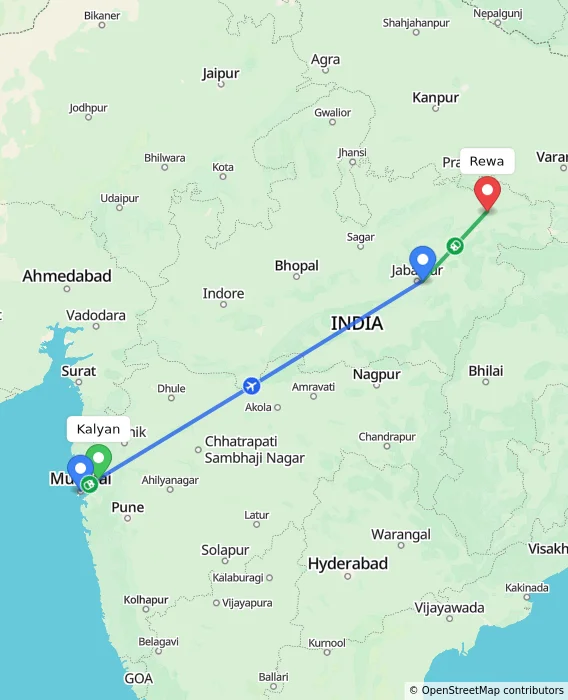 Route map showing distance and travel time from Kalyan, India to Rewa, India