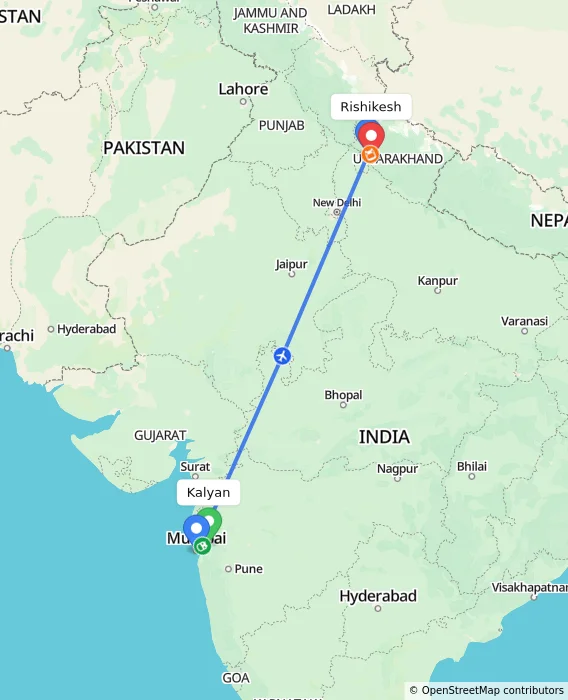 Route map showing distance and travel time from Kalyan, India to Rishikesh, India