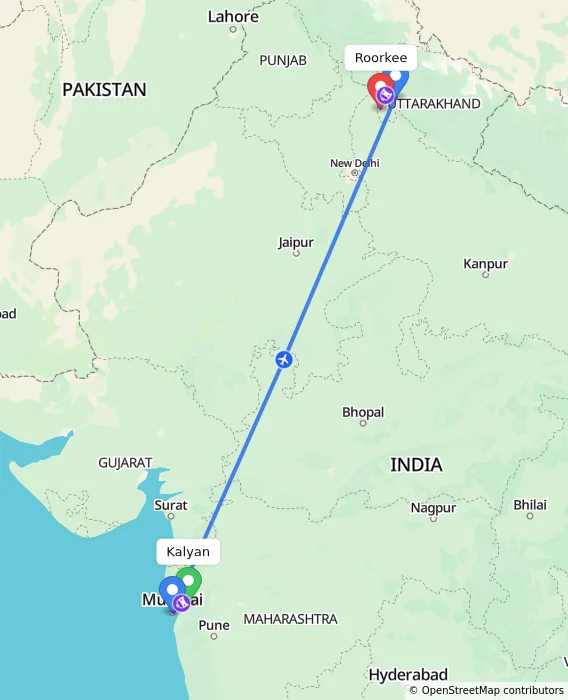 Route map showing distance and travel time from Kalyan, India to Roorkee, India