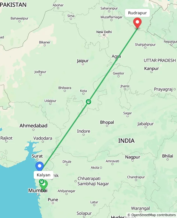 Route map showing distance and travel time from Kalyan, India to Rudrapur, India