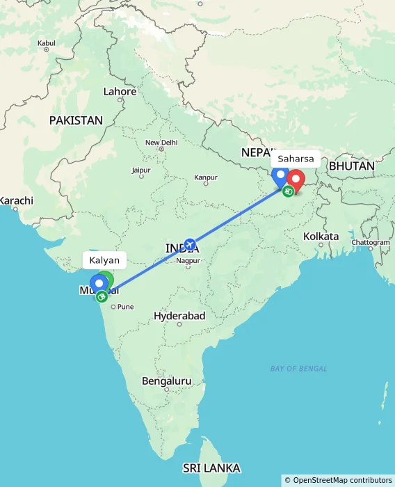 Route map showing distance and travel time from Kalyan, India to Saharsa, India