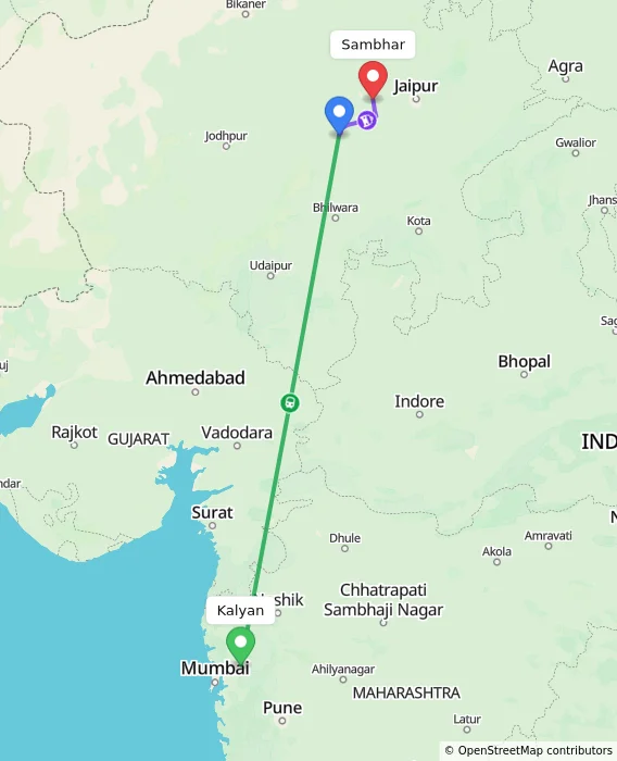 Route map showing distance and travel time from Kalyan, India to Sambhar, India