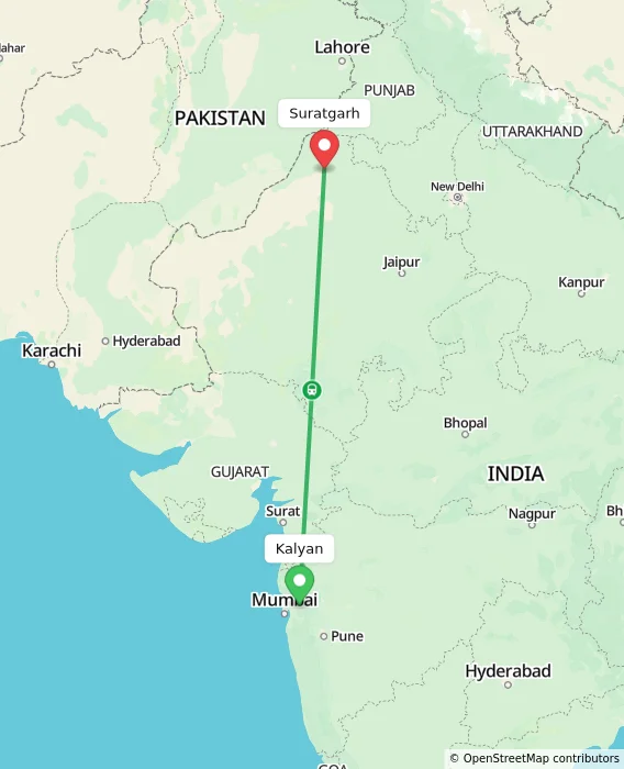Route map showing distance and travel time from Kalyan, India to Suratgarh, India