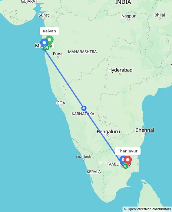 Route map showing distance and travel time from Kalyan, India to Thanjavur, India