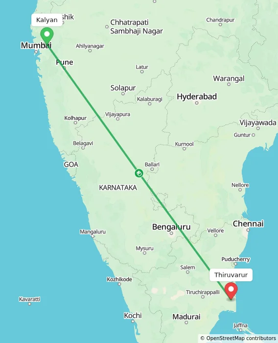 Route map showing distance and travel time from Kalyan, India to Thiruvarur, India
