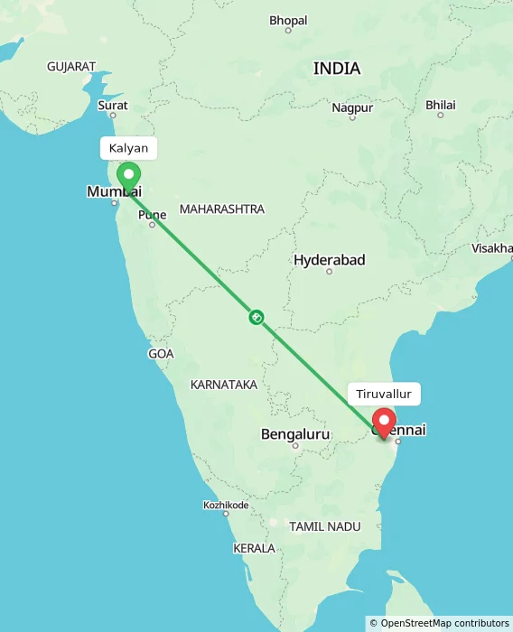 Route map showing distance and travel time from Kalyan, India to Tiruvallur, India