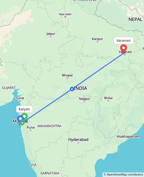 Route map showing distance and travel time from Kalyan, India to Varanasi, India