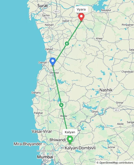 Route map showing distance and travel time from Kalyan, India to Vyara, India
