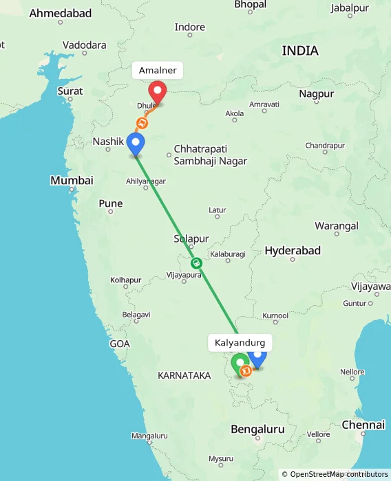 Route map showing distance and travel time from Kalyandurg, India to Amalner, India