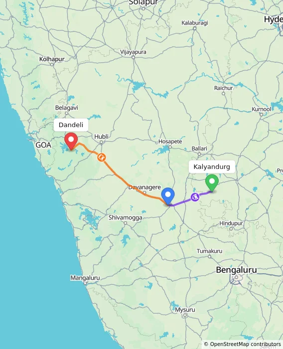 Route map showing distance and travel time from Kalyandurg, India to Dandeli, India