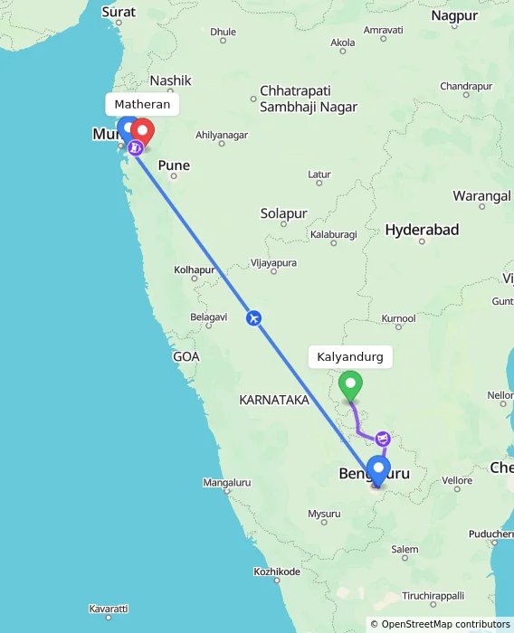 Route map showing distance and travel time from Kalyandurg, India to Matheran, India