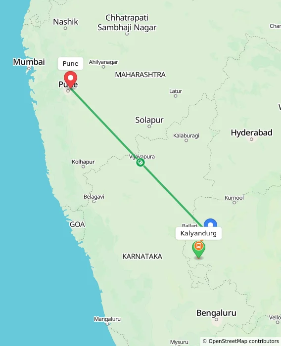 Route map showing distance and travel time from Kalyandurg, India to Pune, India