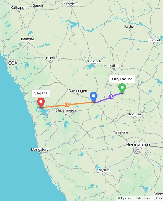 Route map showing distance and travel time from Kalyandurg, India to Sagara, India
