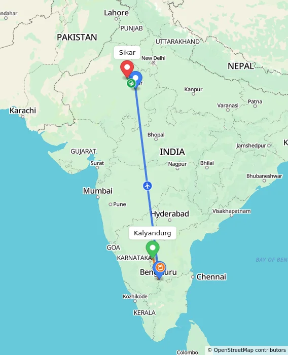 Route map showing distance and travel time from Kalyandurg, India to Sikar, India