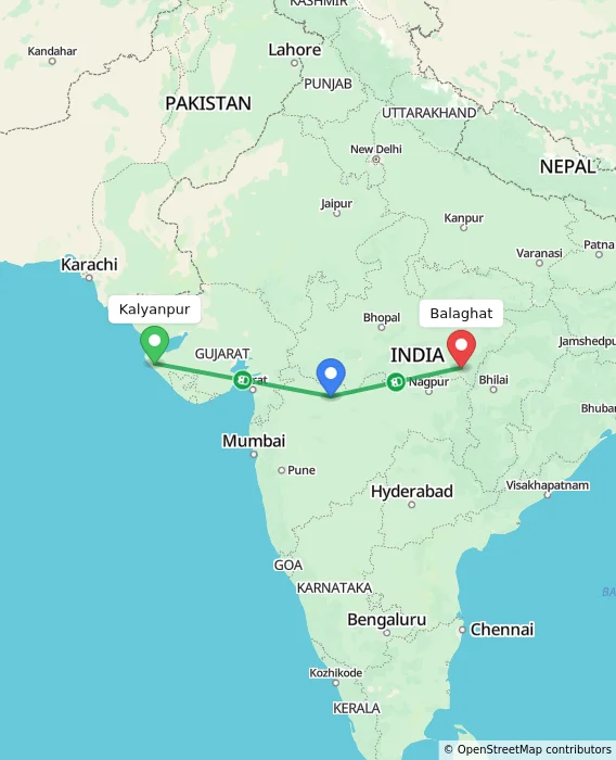 Route map showing distance and travel time from Kalyanpur, India to Balaghat, India