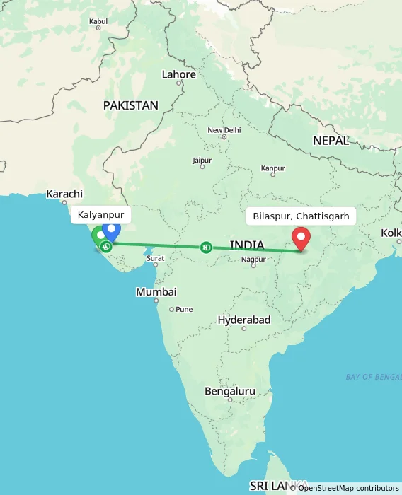 Route map showing distance and travel time from Kalyanpur, India to Bilaspur, Chattisgarh, India