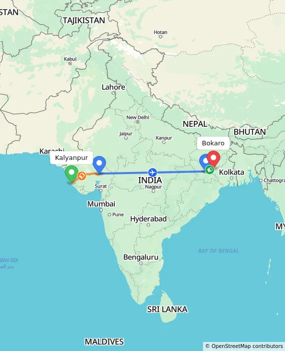 Route map showing distance and travel time from Kalyanpur, India to Bokaro, India