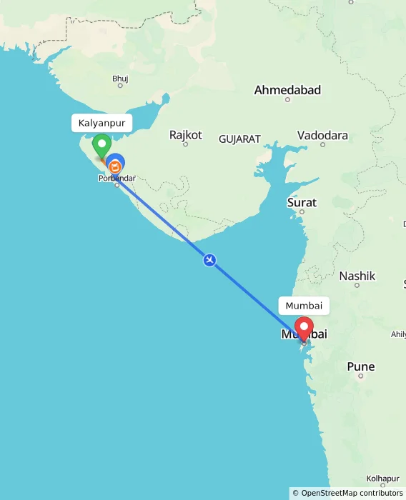 Route map showing distance and travel time from Kalyanpur, India to Mumbai, India