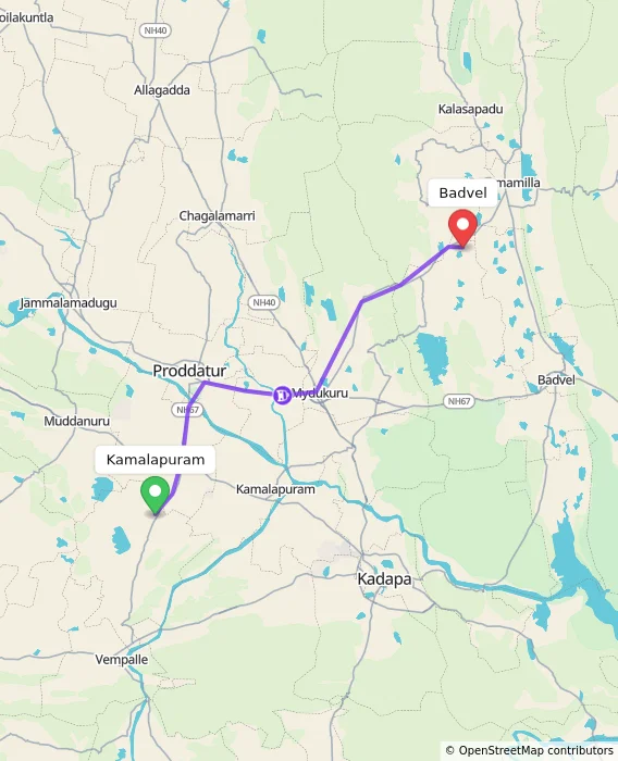 Route map showing distance and travel time from Kamalapuram, India to Badvel, India