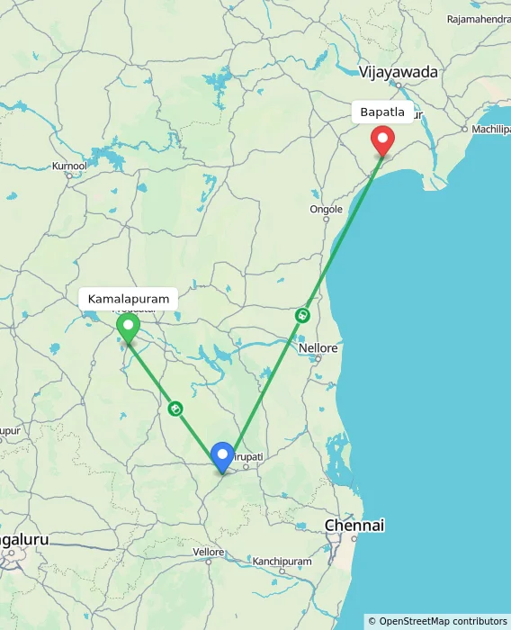 Route map showing distance and travel time from Kamalapuram, India to Bapatla, India