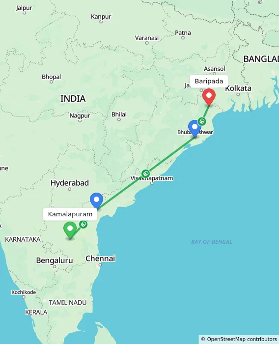 Route map showing distance and travel time from Kamalapuram, India to Baripada, India
