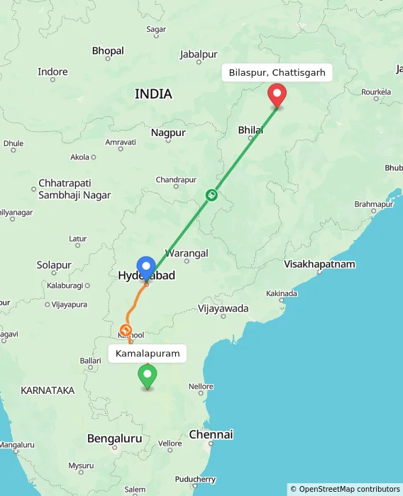 Route map showing distance and travel time from Kamalapuram, India to Bilaspur, Chattisgarh, India