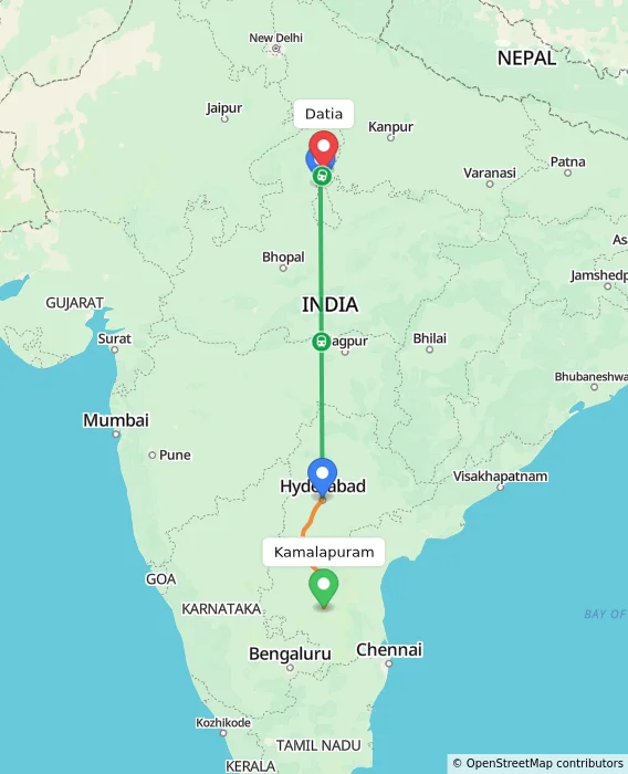 Route map showing distance and travel time from Kamalapuram, India to Datia, India