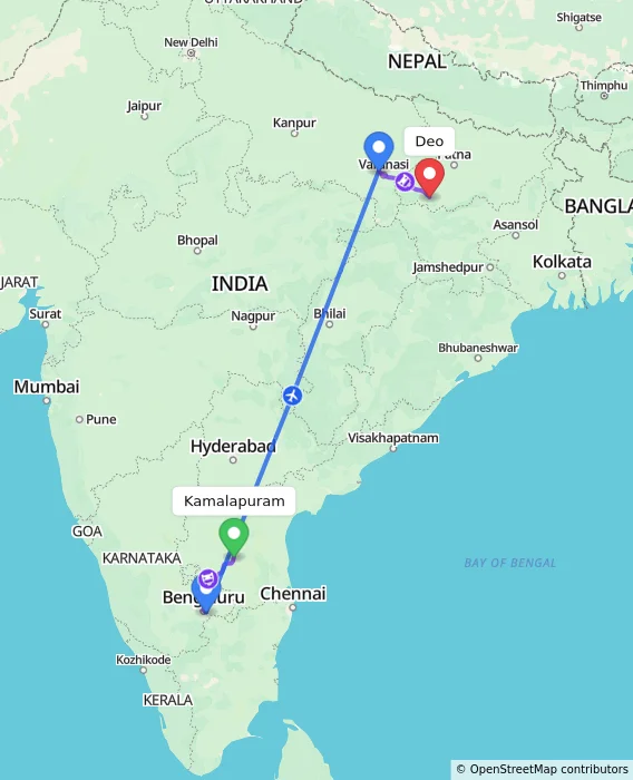 Route map showing distance and travel time from Kamalapuram, India to Deo, India