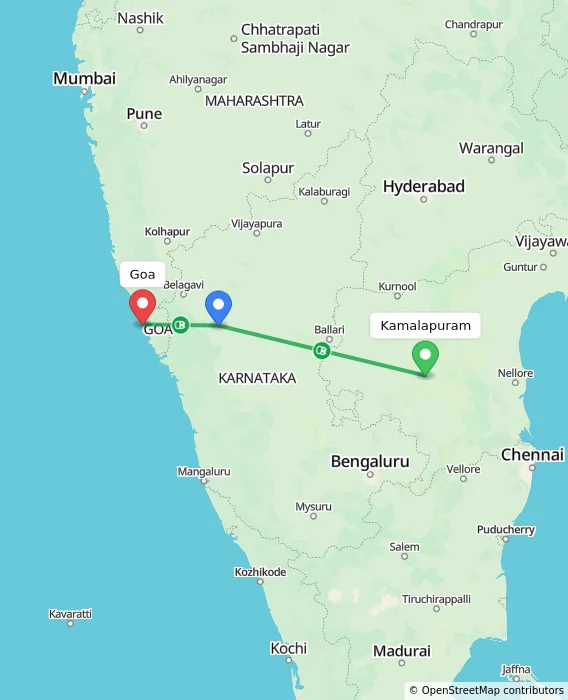 Route map showing distance and travel time from Kamalapuram, India to Goa, India