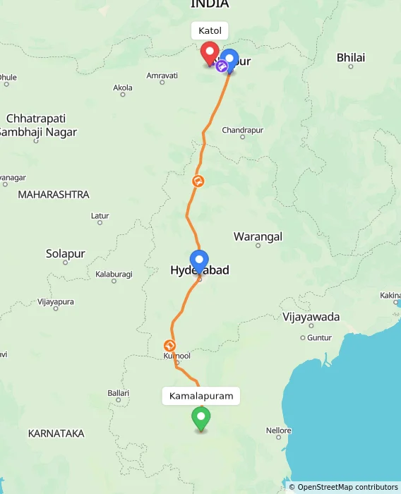 Route map showing distance and travel time from Kamalapuram, India to Katol, India