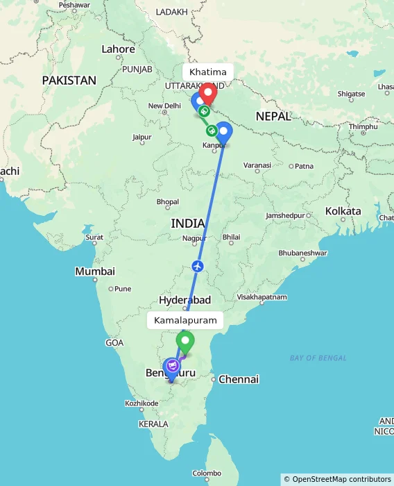 Route map showing distance and travel time from Kamalapuram, India to Khatima, India